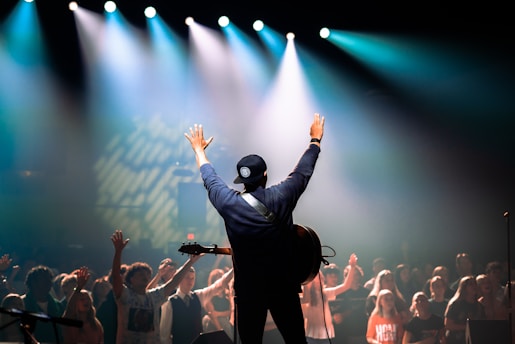 A musician stands on stage with their back to the camera, arms raised in triumph, while holding a guitar. The spotlight shines down on them, illuminating the cheering crowd in the foreground.