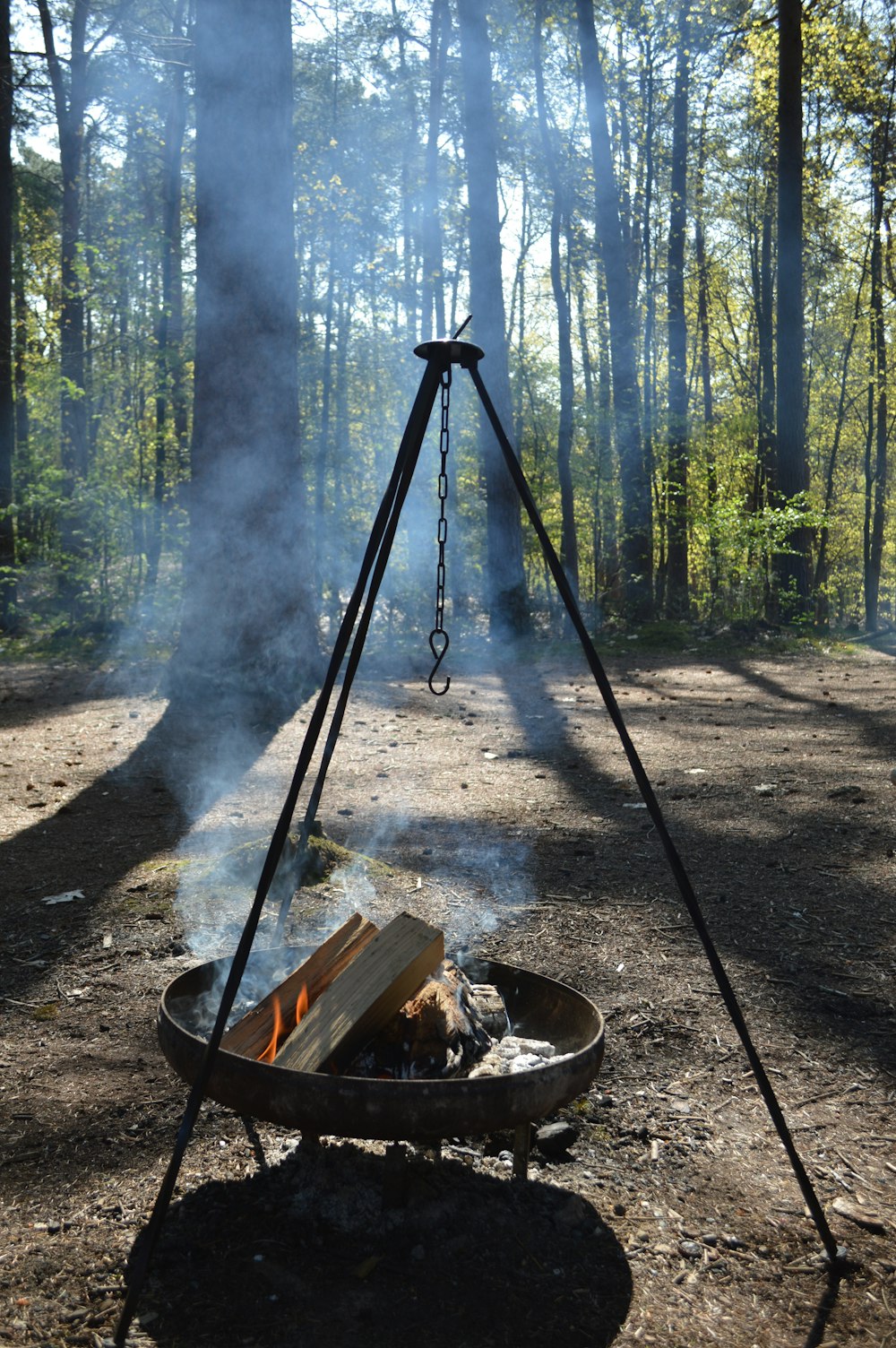 black metal fire pit on forest during daytime