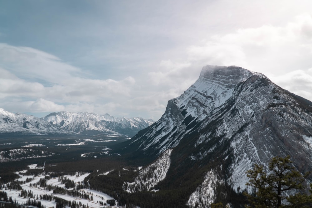 a view of a mountain range with snow on it