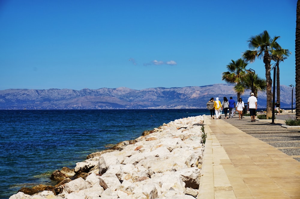 people walking on gray concrete pathway near body of water during daytime