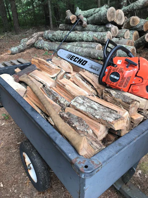 A satisfied customer loading a freshly split log onto a wood processing truck.