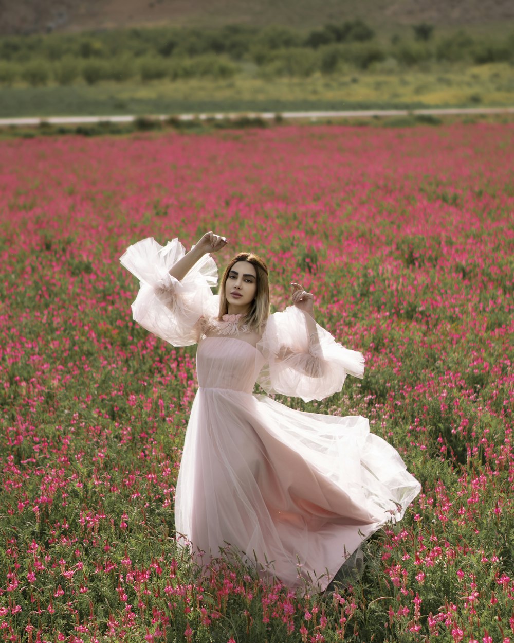 Girl in white dress lying on red flower field during daytime photo