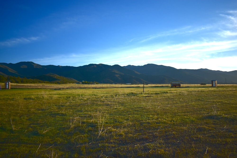 green grass field near mountain under blue sky during daytime