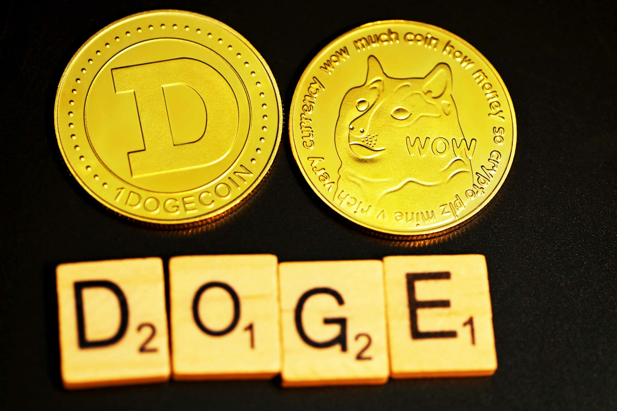 Two dogecoins on a black surface with wood letters alphabet pieces.