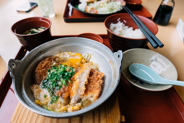 Rice with meat and sauce on stainless steel round plate
