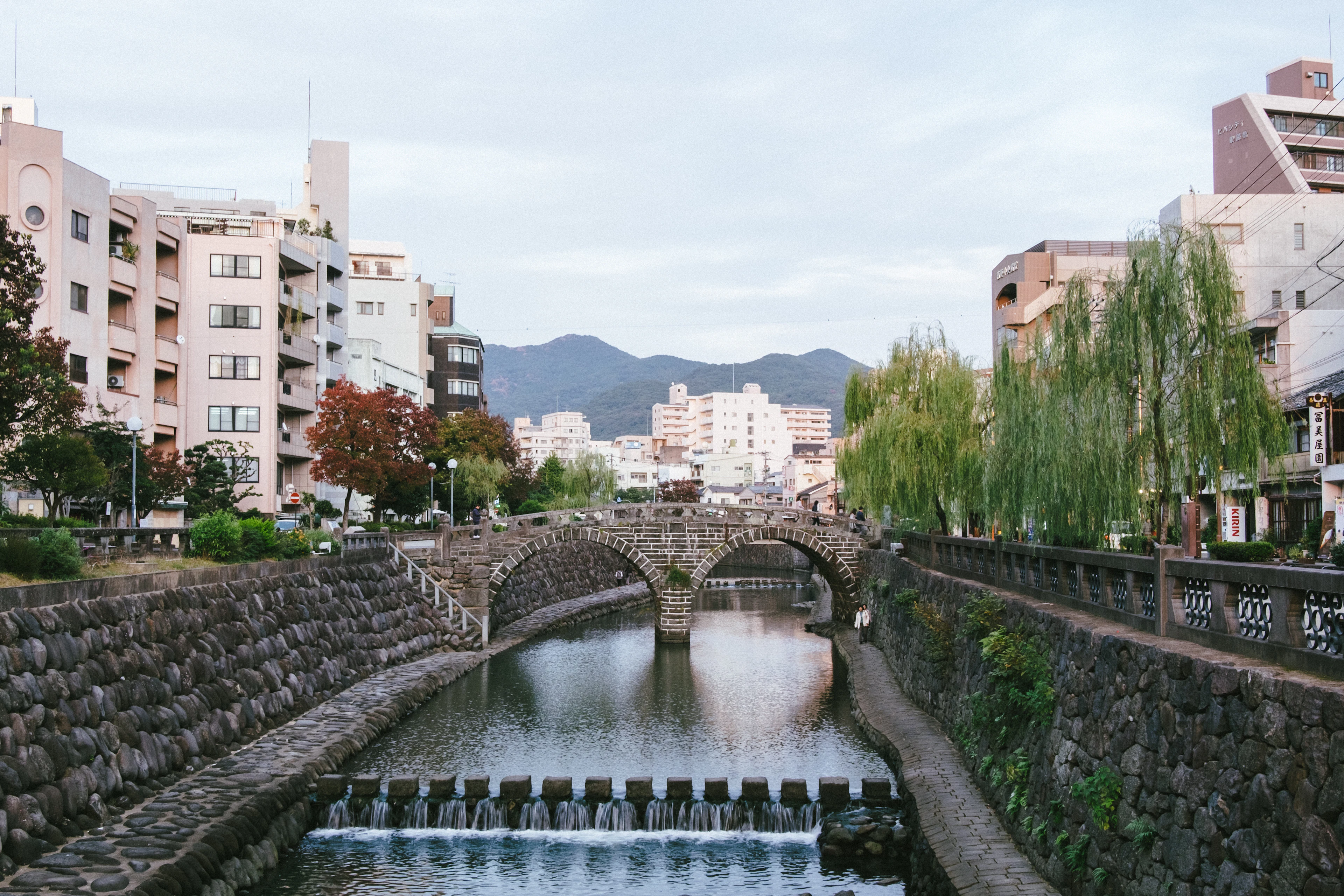 The double-arched stone Megane bridge over the river in Nagasaki