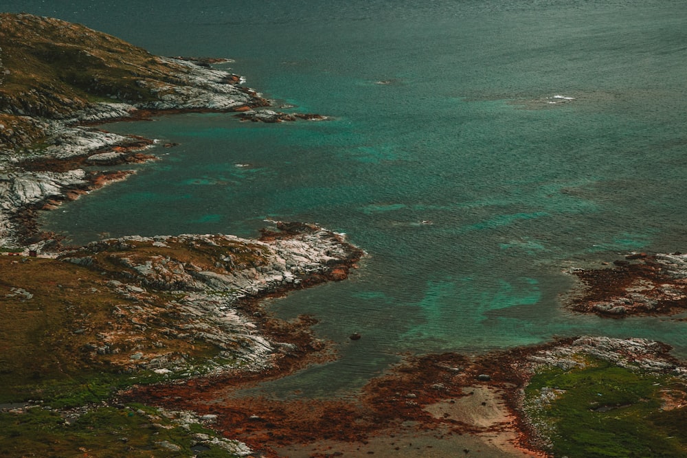 aerial view of green and brown land near body of water during daytime