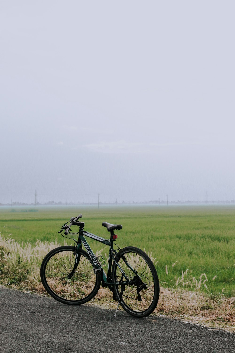 Bicicleta de montaña negra y gris en campo de hierba verde durante el día