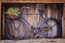 A vintage bicycle is mounted against a wooden wall, creating a rustic and nostalgic atmosphere. The bicycle has a worn, metal frame with faded black tires, and a basket attached to the handlebar containing vibrant orange flowers. The wood has a natural, aged texture, adding to the vintage aesthetic.