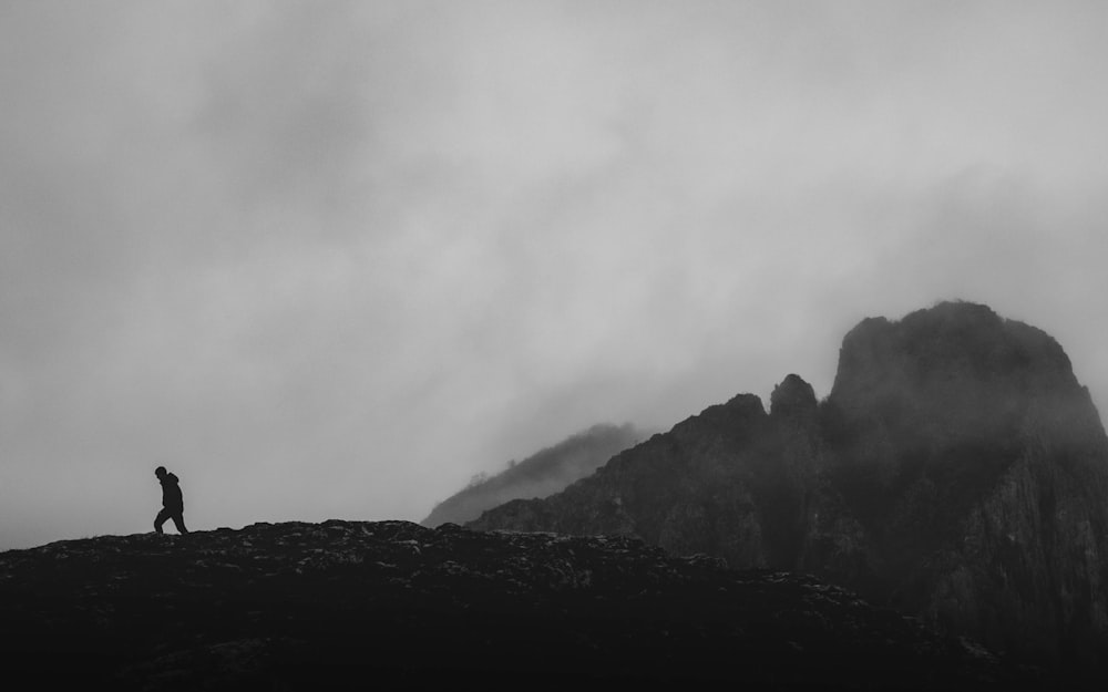 grayscale photo of mountain range