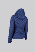 A blue, quilted jacket with a hood is displayed against a plain background. The jacket features a chevron stitch pattern and is shown from the back.
