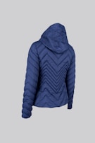 A blue, quilted jacket with a hood is displayed against a plain background. The jacket features a chevron stitch pattern and is shown from the back.
