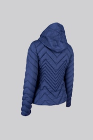 A blue, quilted jacket with a hood is displayed against a plain background. The jacket features a chevron stitch pattern and is shown from the back.