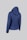 A blue, quilted jacket with a hood is displayed against a plain background. The jacket features a chevron stitch pattern and is shown from the back.