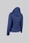 A blue, quilted jacket with a hood is displayed against a plain background. The jacket features a chevron stitch pattern and is shown from the back.