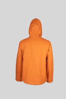 A vibrant orange jacket showcased against a minimalist background.