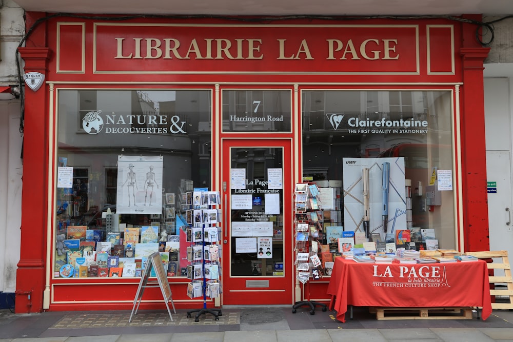 red and white store front