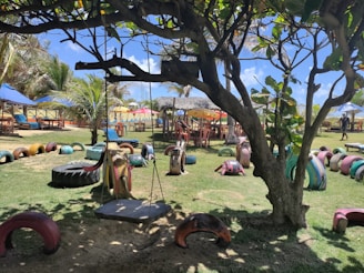 A playground with vibrant, colorful recycled tire structures arranged on the grass, including a swing hanging from a tree. There are tables and chairs set under umbrellas in the background, along with palm trees and clear blue skies, creating a lively outdoor setting.