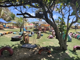A playground with vibrant, colorful recycled tire structures arranged on the grass, including a swing hanging from a tree. There are tables and chairs set under umbrellas in the background, along with palm trees and clear blue skies, creating a lively outdoor setting.