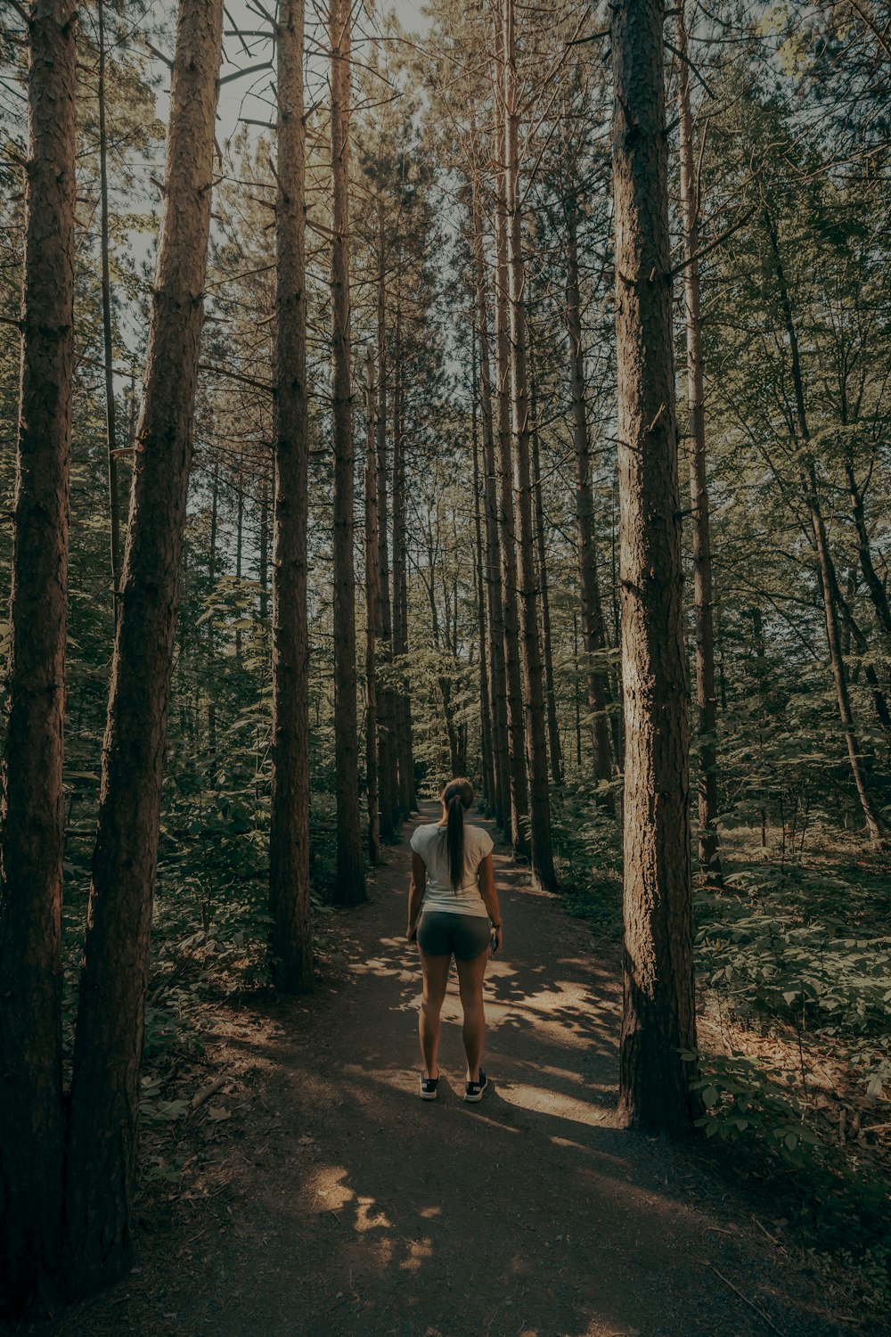 woman in white shirt walking on forest during daytime