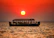 A traditional wooden boat gliding through calm Kerala backwaters at sunset.
