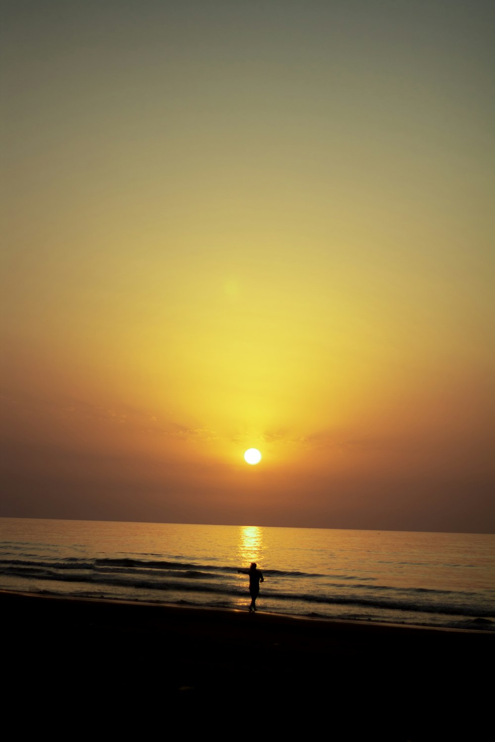 silhouette of person standing on beach during sunset