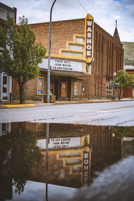 An old-fashioned brick building with a vintage cinema marquee displaying the movie 'True Grit' with John Wayne, reflected in a puddle on the street. Tall buildings and a tree add to the nostalgic atmosphere.