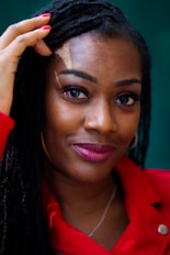 woman in red collared shirt