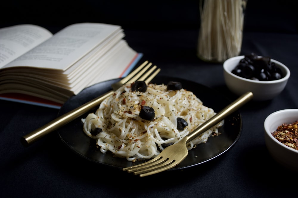 pasta dish on blue ceramic plate