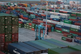 A vast array of colorful shipping containers stacked in rows at a busy port. A large blue crane is visible, facilitating the movement of the containers. The scene suggests an industrial setting with a backdrop of water and more containers in the distance.
