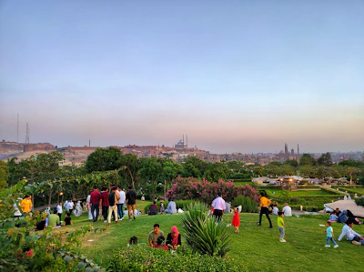 Scenic aerial view of a peaceful park with families enjoying sunny weather.