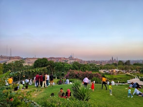 A scenic view of a park filled with people enjoying sports.