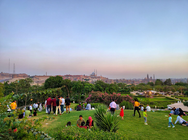 A serene view of the lush green park within Hemis One, with children playing and families enjoying the open space.