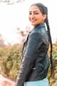 woman in black leather jacket