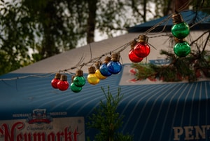 A string of colorful light bulbs, including red, green, yellow, and blue, hangs against a background of trees and a canopy with signage. The bulbs are arranged on a wire and appear to be decorative outdoor lighting.