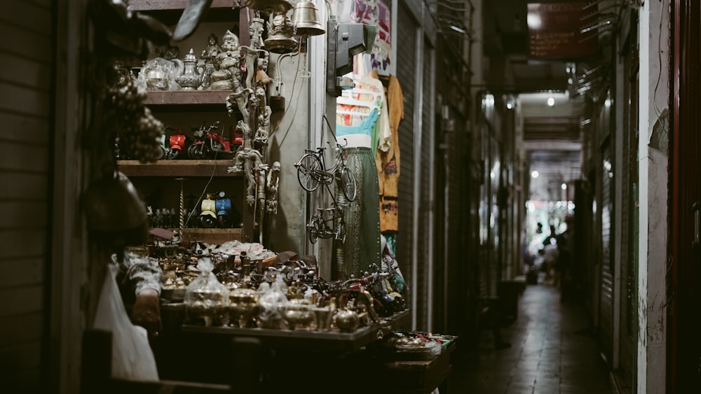 black and white store with assorted items