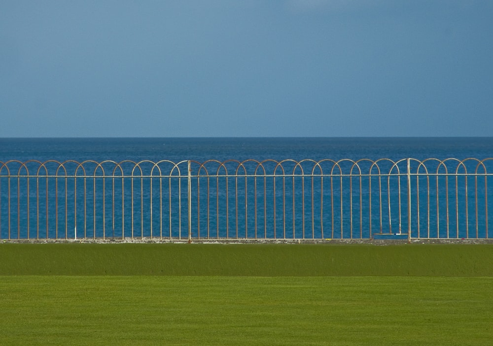 white metal fence on green grass field