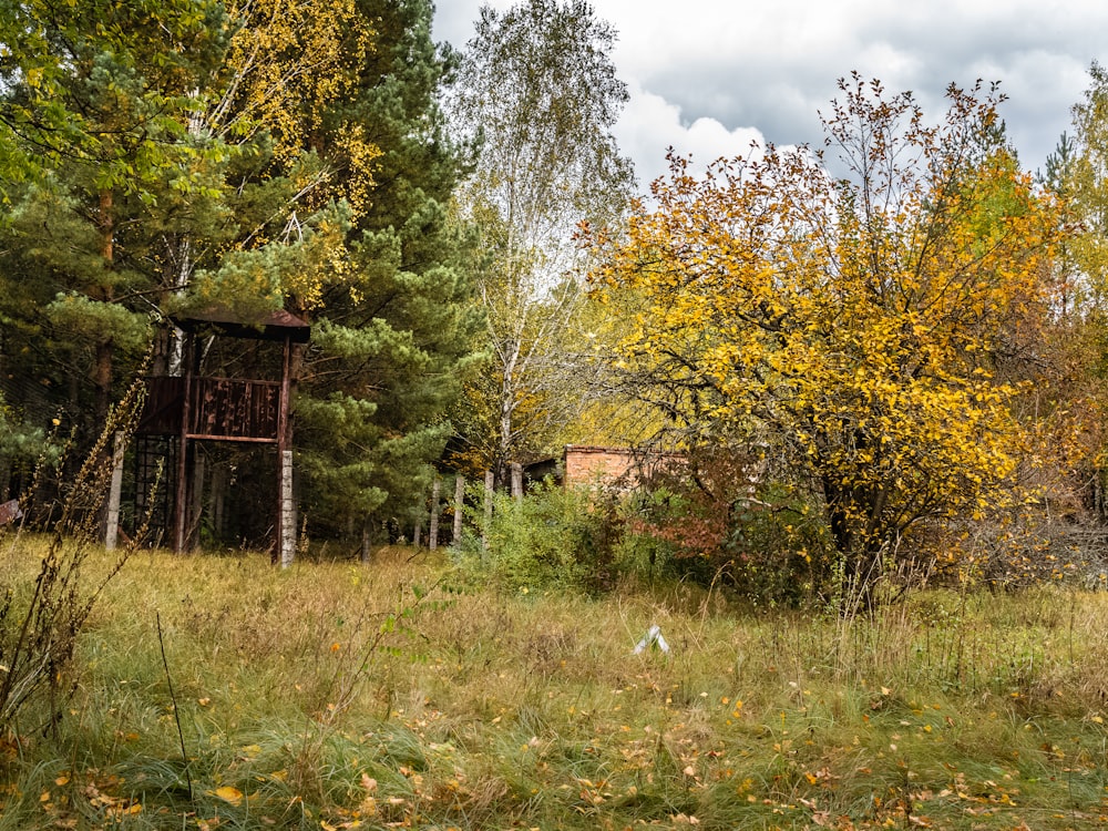 brown wooden house near green trees under white clouds during daytime