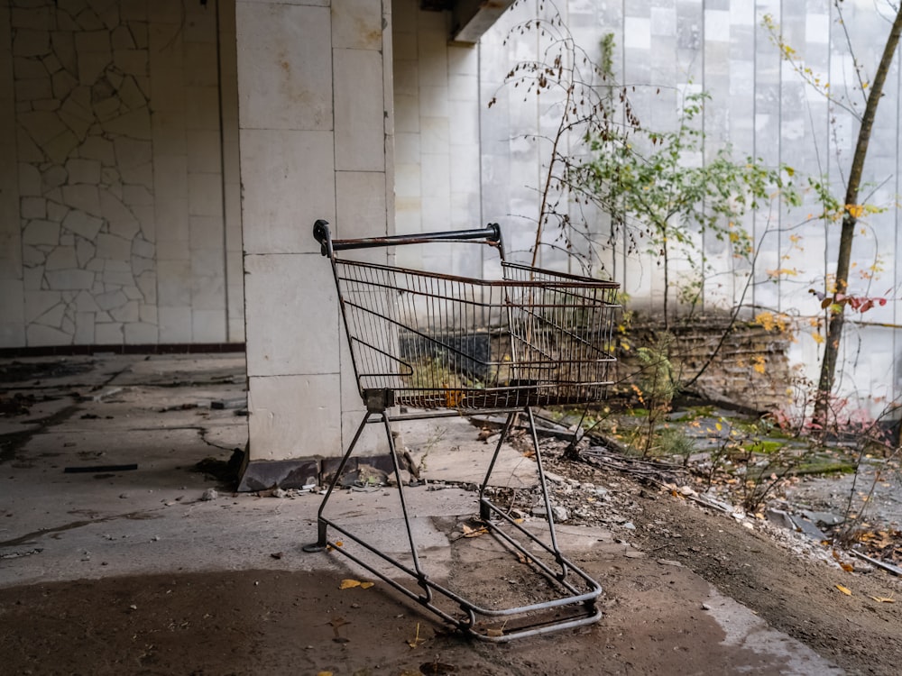 black shopping cart on brown soil