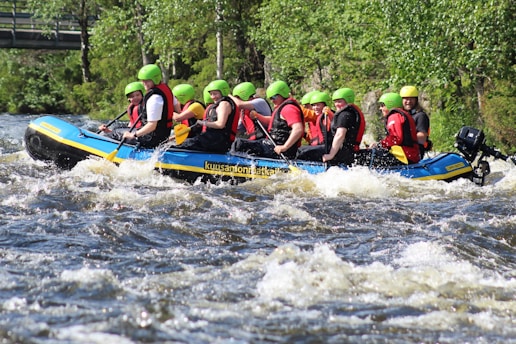 people riding on blue kayak on water during daytime