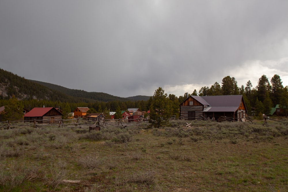 Casa marrón y blanca en campo de hierba verde bajo cielo blanco durante el día