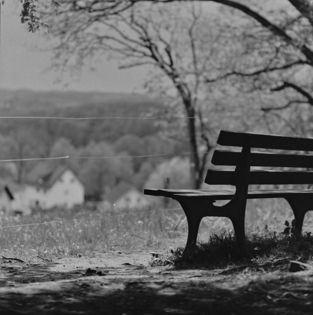 grayscale photo of bench on snow covered ground