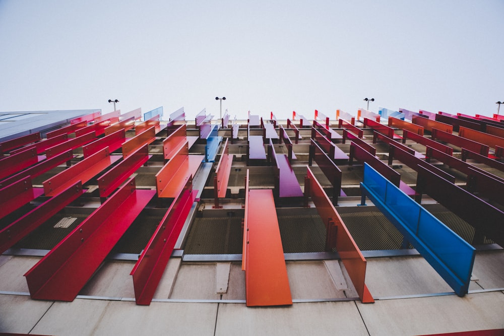 red and blue metal chairs