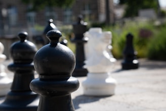 An outdoor giant chess set with prominently featured black and white pawns and other pieces on a concrete surface. The background includes blurred greenery and a building, suggesting a garden or park setting.