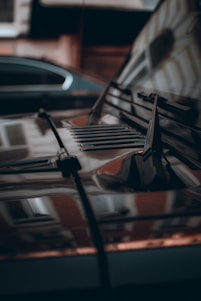 A close-up of a shiny, detailed car hood reflecting sunlight.