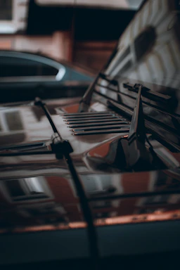 A close-up of a shiny, freshly detailed car hood reflecting the Chicago skyline on a sunny day.