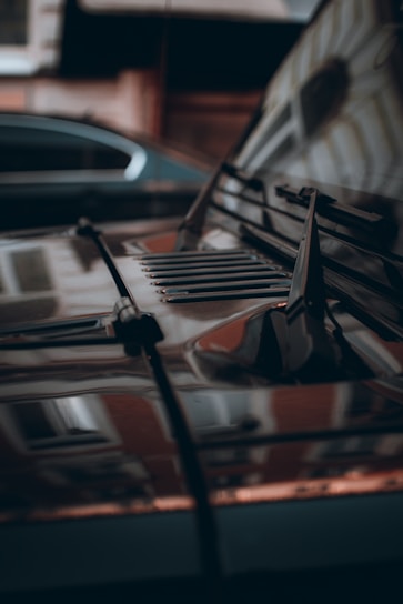 A close-up of a shiny, detailed car hood reflecting sunlight.
