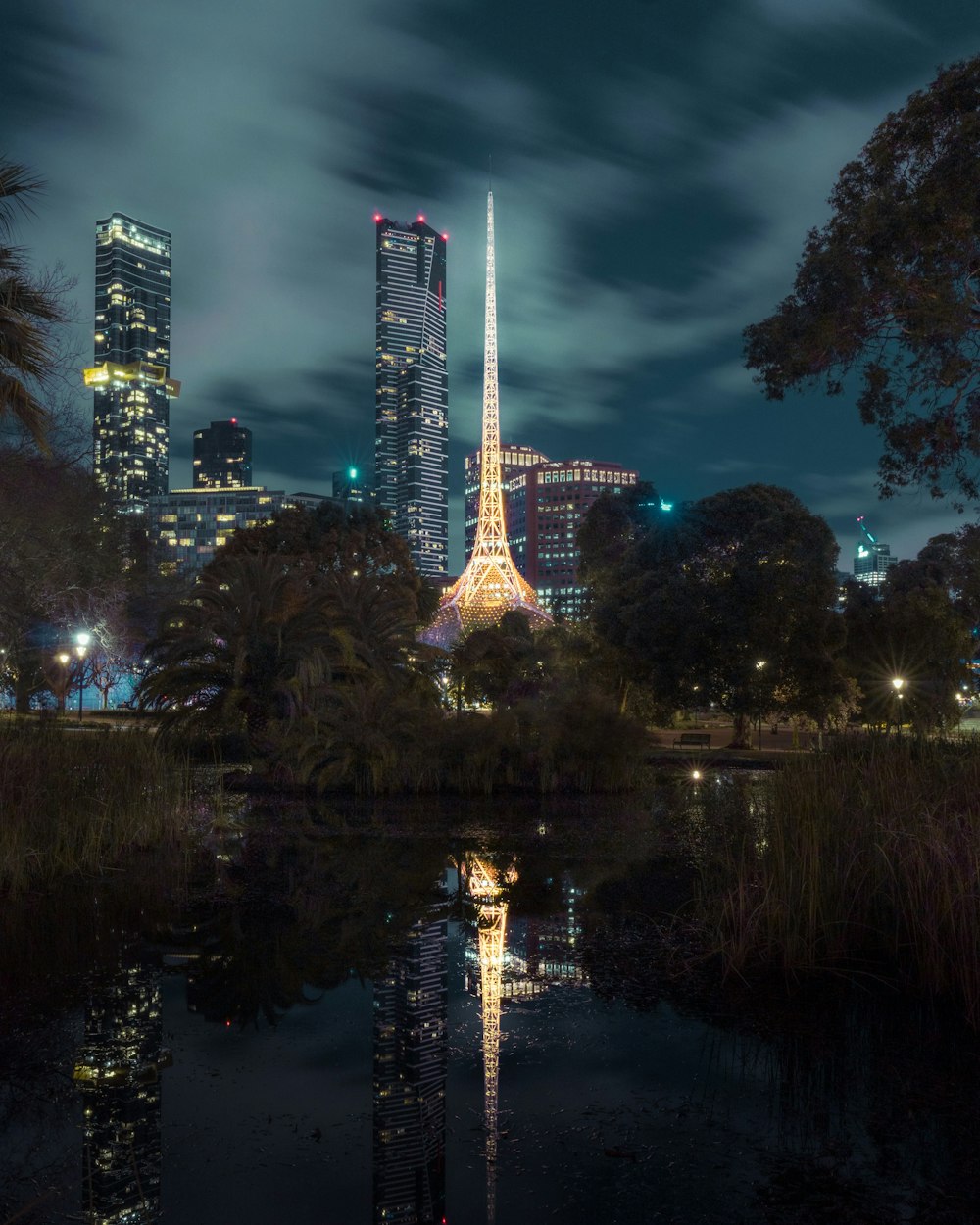 city skyline during night time