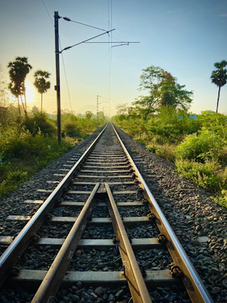 Wide shot of a railway track stretching through lush southern Indian landscape.
