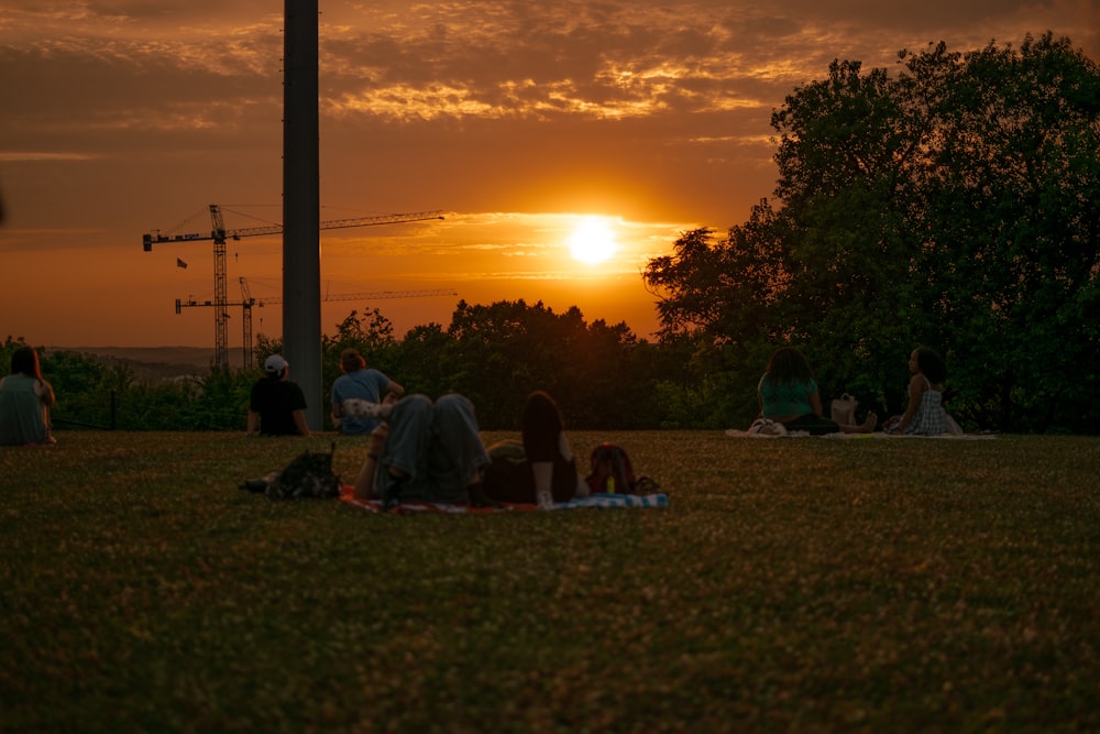 people sitting on grass field during sunset